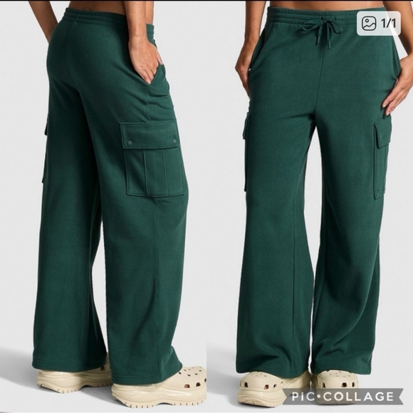 Victoria's Secret Pants - Victoria's Secret Pink Polar Fleece Wide Leg Cargo Pants Size Small Green NWT